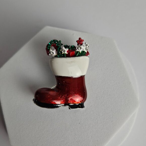 Vtg Christmas Boot & Stocking Brooch Set Signed ART & L-S Enamel Holiday Pins - Picture 10 of 16